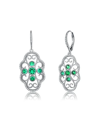 Genevive Classic Sterling Silver White Gold Plated with Round Cubic Zirconia Leverback Filigree Earrings