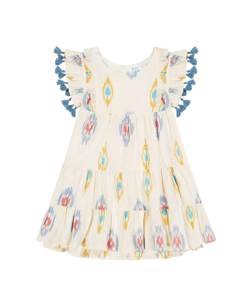 Mer St. Barth Little Girls Sophie Tassel Dress Gold Blue Ikat