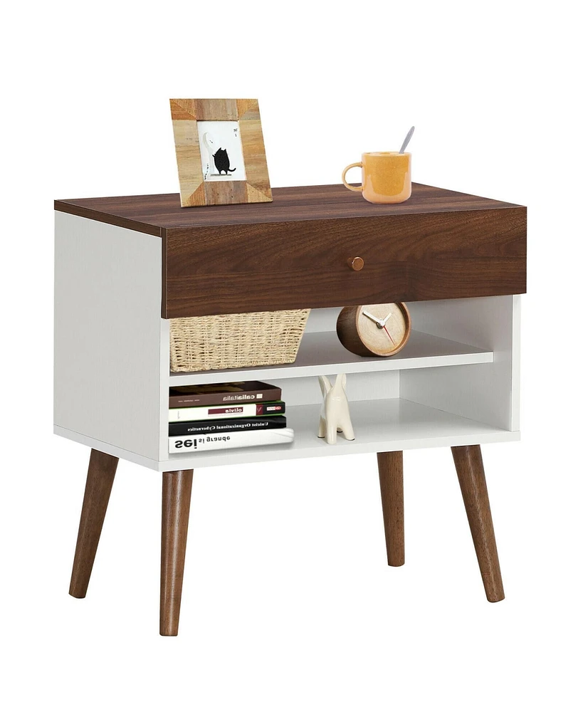 Sugift Mid-Century Nightstand with Drawer and Rubber Wood Legs