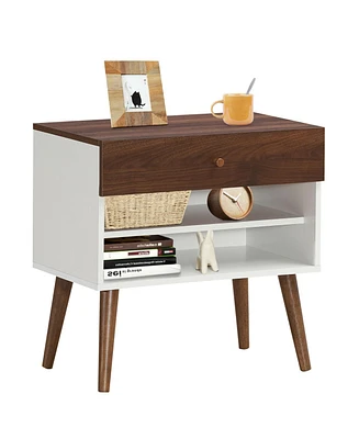 Sugift Mid-Century Nightstand with Drawer and Rubber Wood Legs