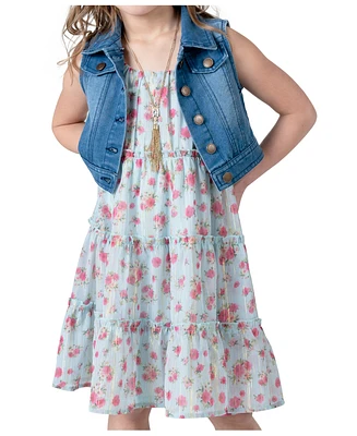 Rare Editions Toddler & Little Girls Denim Vest Dress Outfit with Necklace, 3 Pc