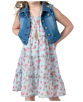 Rare Editions Toddler & Little Girls Denim Vest Dress Outfit with Necklace, 3 Pc