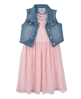 Rare Editions Toddler & Little Girls Denim Vest and Embroidered Dress Outfit, 2 Pc