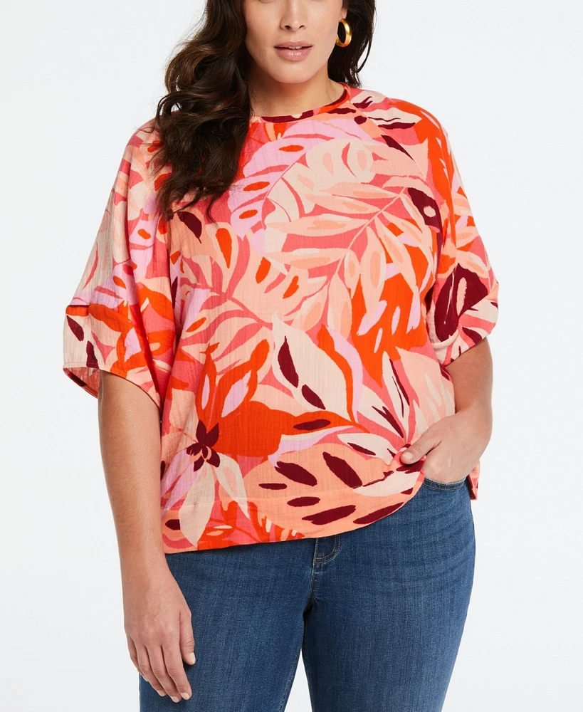 Ella Rafaella Plus Size Cotton Tie Back Lantern Sleeve Top