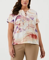 Ella Rafaella Plus Eco Watercolor Print Lace-Up Short Sleeve Tee Shirt