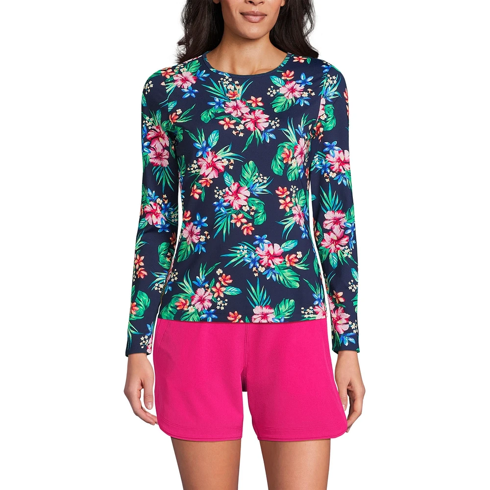 Lands' End Women's Long Crew Neck Sleeve Rash Guard Upf 50 Sun Protection Swim Tee