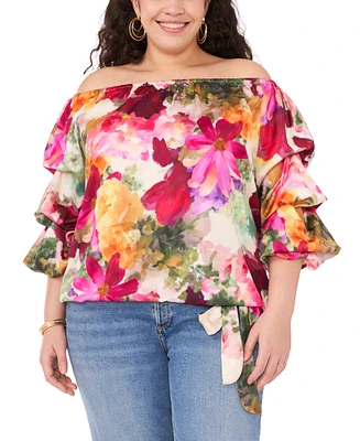 Vince Camuto Plus Printed Off-The-Shoulder Bubble-Sleeve Top