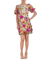 Eliza J Petite 3D-Floral Puff-Sleeve Mini Dress