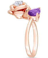 Amethyst (5/8 ct. t.w.) & White Topaz (1/3 Rose Bypass Ring Rose-Plated Sterling Silver