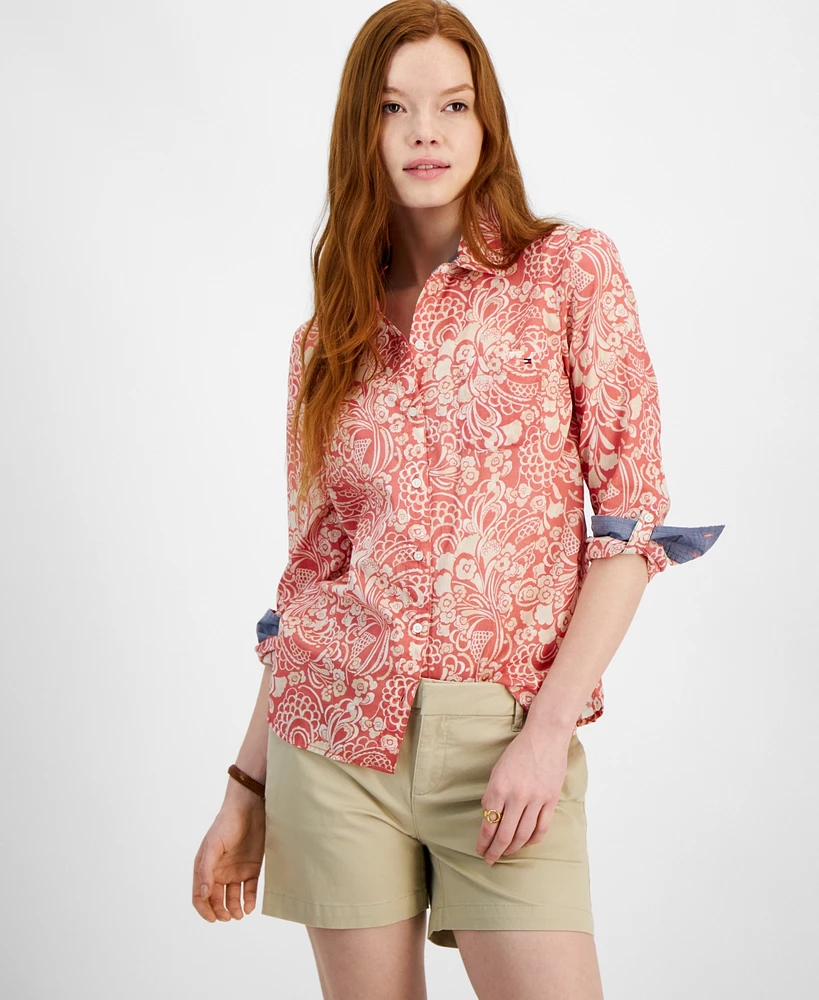 Tommy Hilfiger Women's Cotton Paisley Roll-Tab Shirt