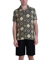 Karl Lagerfeld Paris Men's Slim-Fit Geometric Tile-Print Button-Down Camp Shirt