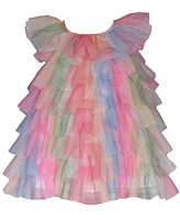 Bonnie Baby Girls Short Sleeve Rainbow Mesh Ruffle Trapeze Dress