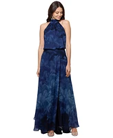 Betsy & Adam Petite Floral-Chiffon Halter-Neck Gown