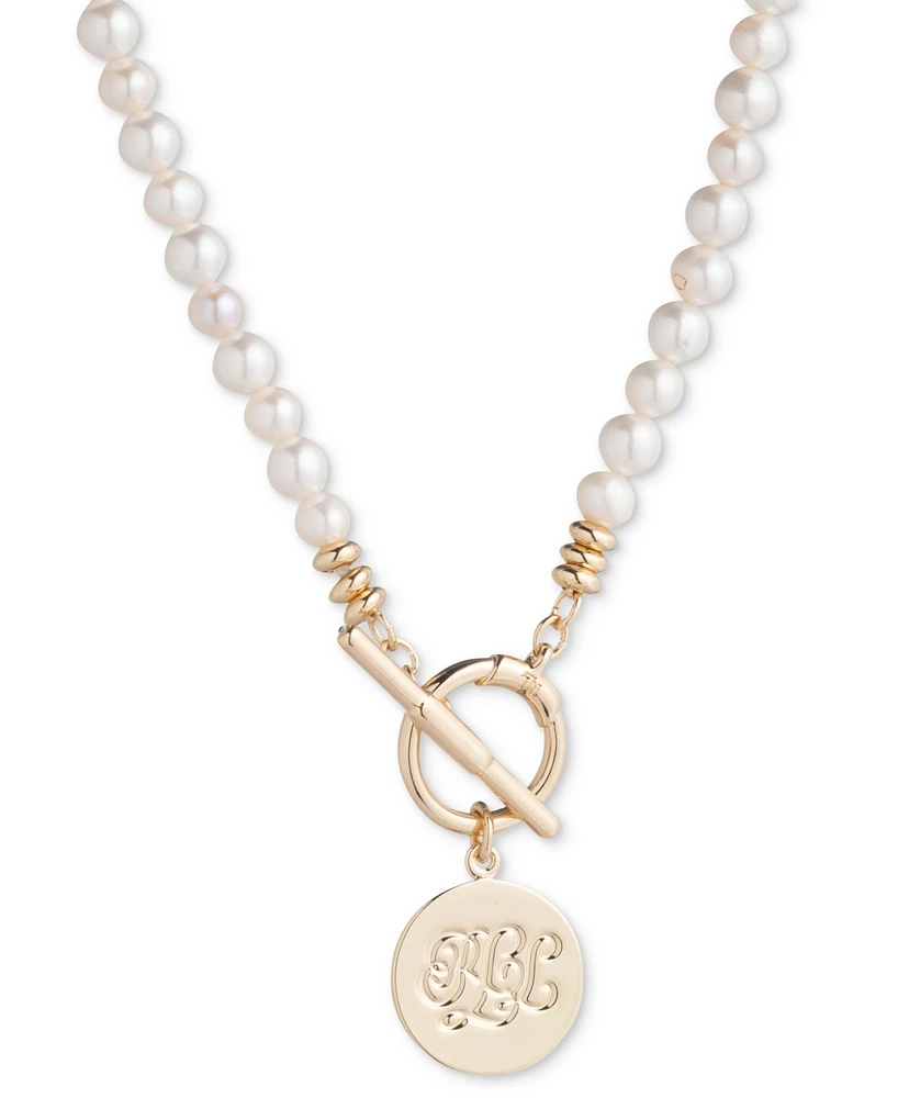 Lauren Ralph Lauren Gold-Tone Logo Charm Imitation & Freshwater Pearl Beaded 17" Pendant Necklace