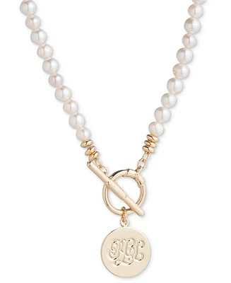 Lauren Ralph Lauren Gold-Tone Logo Charm Imitation & Freshwater Pearl Beaded 17" Pendant Necklace