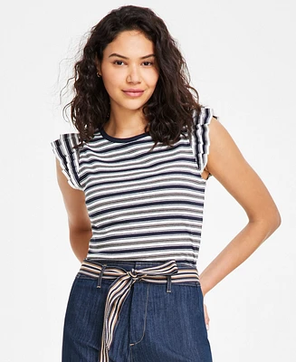 Tommy Hilfiger Women's Striped Ruffled-Sleeve Tee