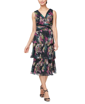 Sl Fashions Women's Floral Metallic Tiered Midi Dress