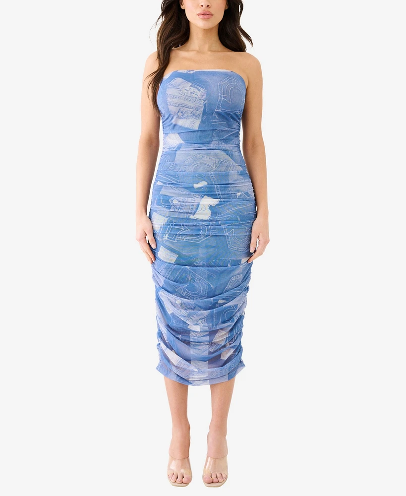 Women's Printed Denim Midi Mesh Ruche Tube Dress