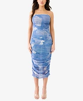 Women's Printed Denim Midi Mesh Ruche Tube Dress