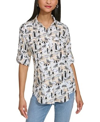 Karl Lagerfeld Paris Women's Whimsical-Print Roll-Tab Button-Front Top