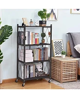 4-Tier Foldable Storage Shelving Unit, Heavy Duty Metal Shelf, Kitchen Shelf with 3 Hooks