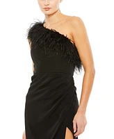 Mac Duggal Women's Feather Trim One Shoulder Draped Dress