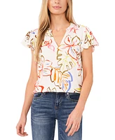 CeCe Women's Tropical-Print V-Neck Flutter Short-Sleeve Blouse