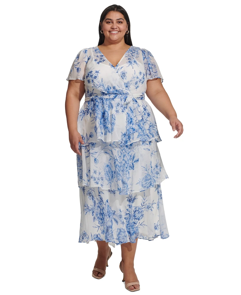 Calvin Klein Plus Size Printed Tie-Waist Tiered Chiffon Dress