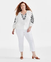 Style & Co Plus Tie Neck Cotton Peasant Blouse, Created for Macy's