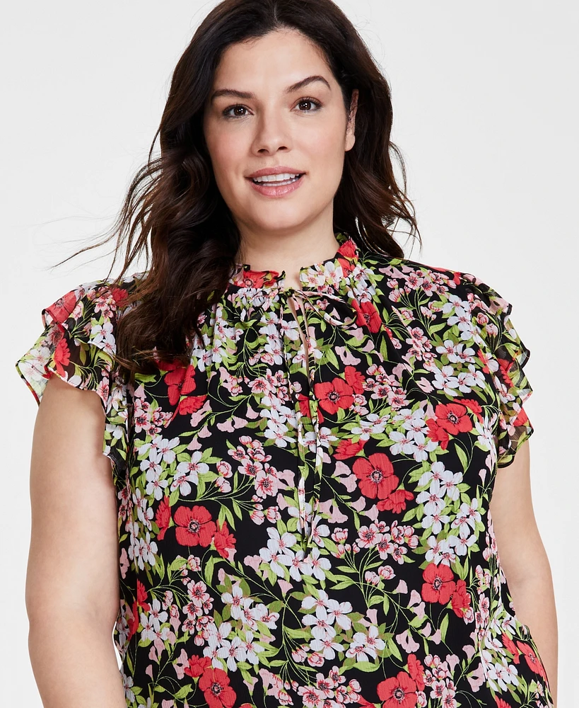 Anne Klein Plus Printed Ruffle-Sleeve Tie-Neck Blouse