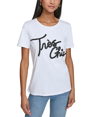 Karl Lagerfeld Paris Women's Tres Chic Fringe-Logo T-Shirt