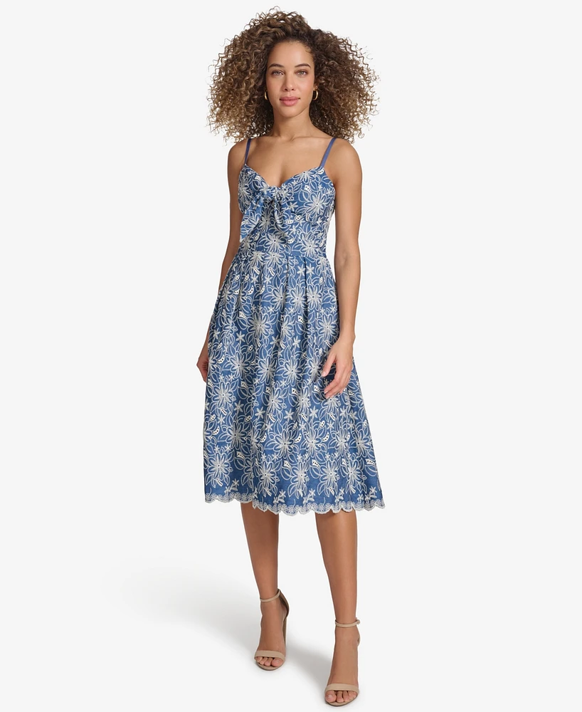 kensie Women's Embroidered Denim Knot-Front Midi Dress