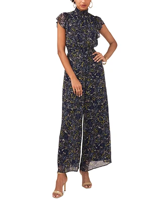 Msk Women's Floral-Print Flutter-Sleeve Smocked Jumpsuit