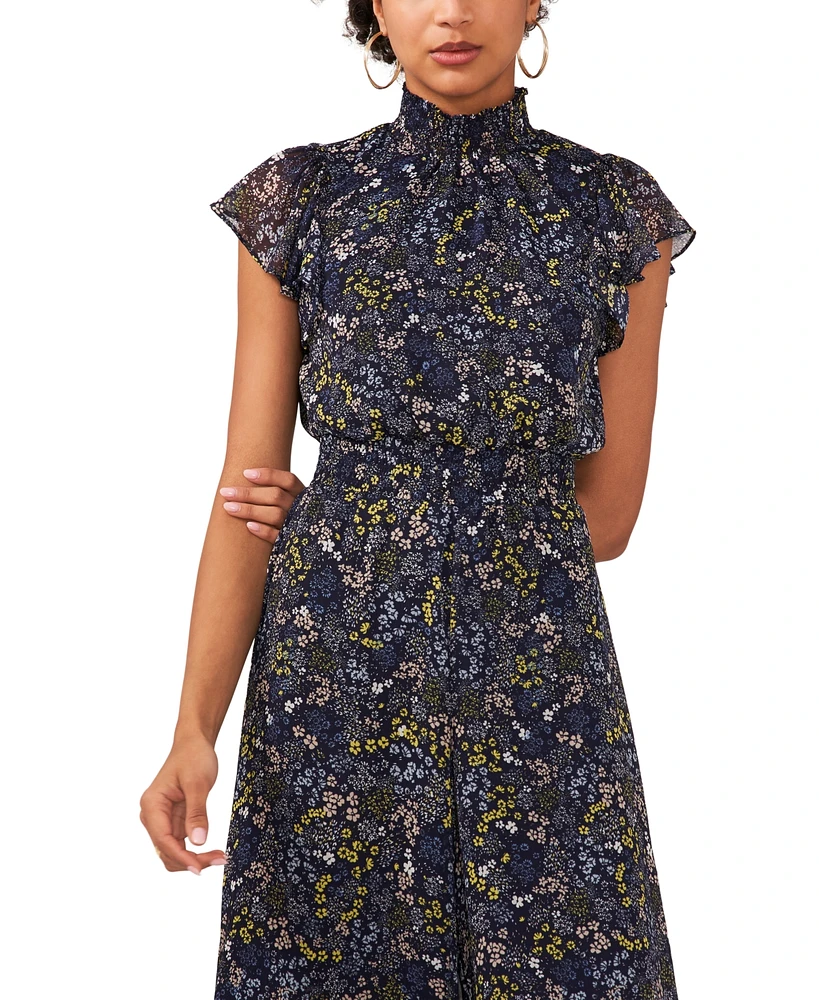 Msk Women's Floral-Print Flutter-Sleeve Smocked Jumpsuit