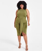 Nina Parker Trendy Plus Size Ruched Draped Midi Dress, Created for Macy's