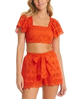 Red Carter Womens Flutter Sleeve Cotton Crop Top Front Tie Shorts