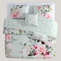 Bebejan Rose on Misty Green Bedding 200 Thread Count 100% Cotton Sateen 5 Piece Reversible King Comforter Set