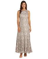 R & M Richards Women's Long Embellished Illusion-Detail Lace Gown