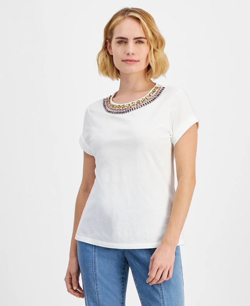 I.n.c. International Concepts Petite Cotton Rhinestone-Embellished Top, Created for Macy's