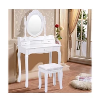 Slickblue Vanity Table Set with Cushioned Stool with 360A° Rotating Oval Mirror and Three Drawers-White