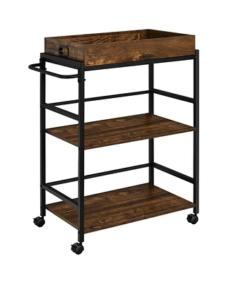 Slickblue 3-Tier Kitchen Serving Bar Cart with Lockable Casters and Handle Rack for Home Pub-Rustic Brown