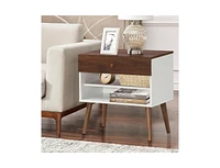 Slickblue Mid-Century Nightstand with Drawer and Rubber Wood Legs