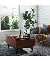 Simpli Home Owen Tray Top Small Coffee Table Storage Ottoman in Distressed Saddle Brown Pu Leather