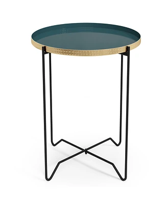 Simpli Home Layton Round Metal Side Table in Teal