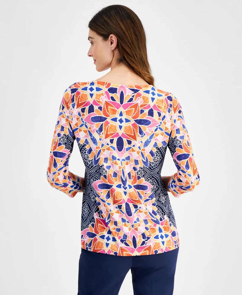 Jm Collection Women's Printed 3/4 Sleeve Jacquard Top, Created for Macy's