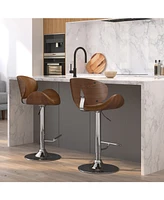 Simpli Home Marana Bentwood Adjustable Swivel Bar Stool in Deep Tan Pu Leather