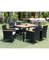 7 Piece Outdoor Patio Wicker Dining Set Patio Wicker Furniture Dining Set with Acacia Wood Top