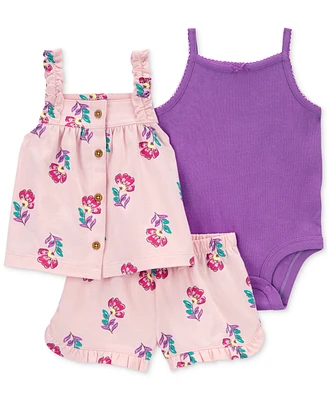 Carter's Baby Girls Cotton Bodysuit, Floral-Print Top & Shorts, 3 Piece Set