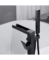 Bathroom Freestanding Waterfall Tub Filler Matte Black Floor Mount Faucet With Hand Shower