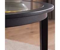 Round glass top solid wood storage coffee table, black